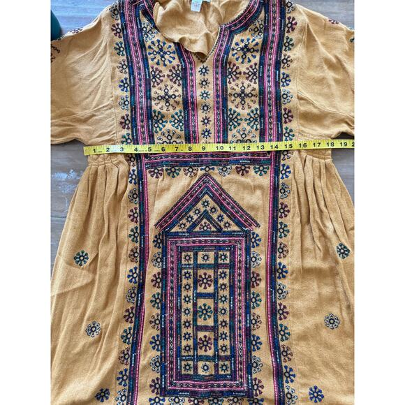 Intropia Boho Embroidered Tunic Dress Mustard Yellow Sz 38 Ethnic Folk Style - Picture 5 of 7